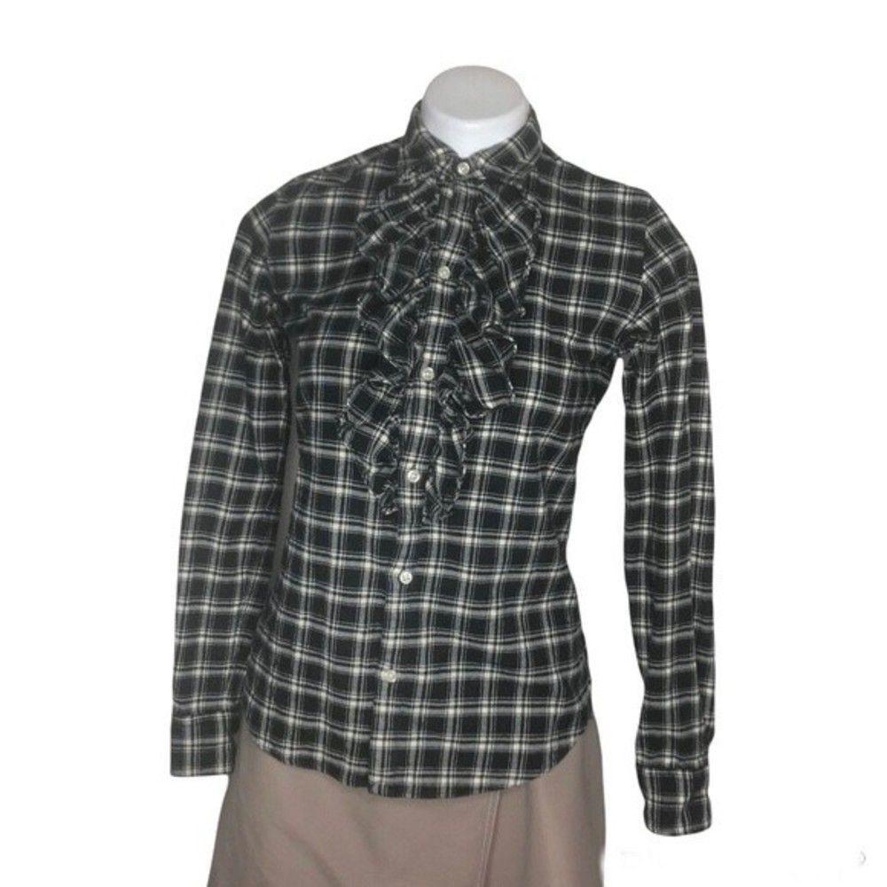 RALPH LAUREN SPORT Black White Flannel Plaid Ruffle Button Shirt Top Size 6